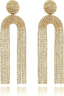 Uncle J Gold/Silver Rhinestone Crystal Long Tassel Dangle Earrings-Fringe Chain Chandelier Drop Earrings for Women, Wedding, Gifts