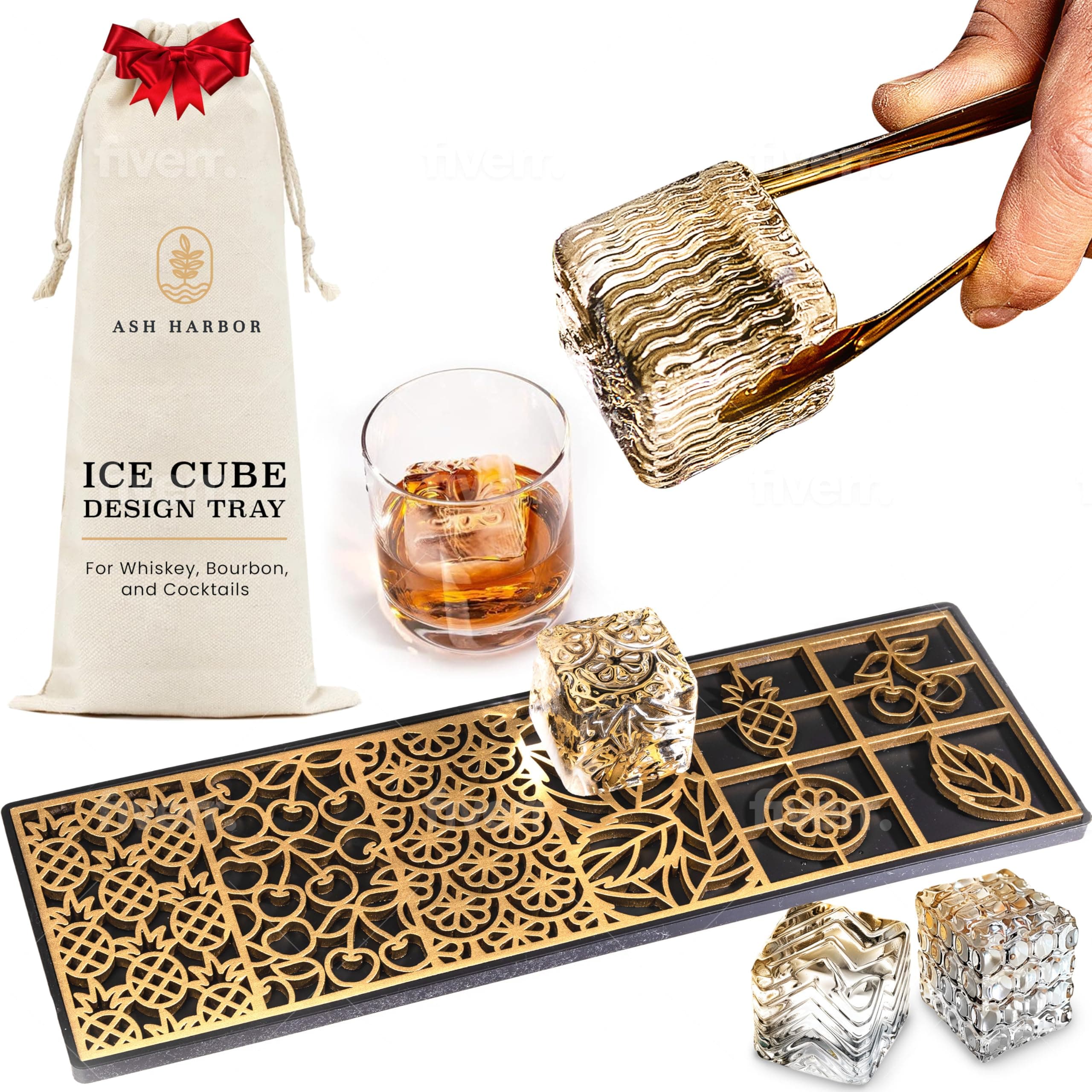 Ice Designer Tray – Craft Modern Ice Molds for Whiskey, Bourbon, & Cocktails in 5 Seconds – Whiskey Ice Mold Ice Cube Stamp – Bartender Accessories for Clear Ice Cocktails by Ash Harbor (Botanicals)