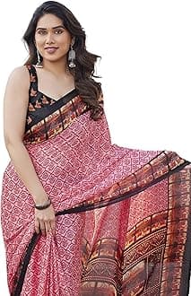 MIRCHI FASHION Women's Chiffon Ajrakh Border Pallu Pririnted Solid Saree with Blouse Piece