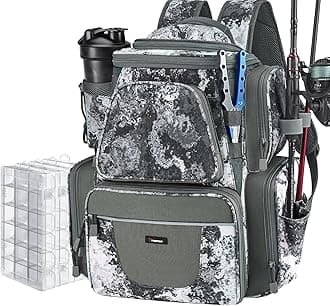 Piscifun Fishing Backpack with 2 Rod Holders & 4 Tackle Boxes, Large Tackle Storage Bag With Rain Cover for Fishing Gear