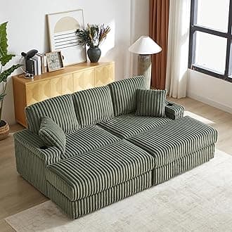 WILLIAMSPACE 84" Sectional Sofa Cloud Couch with 2 Ottomans for Living Room, Modern Upholstered 3 Seater Sofa Deep Seat Reading Chair Couch with Storage Arm, Reclining Sofa Bed, Corduroy (Army Green)