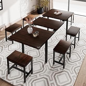 iPormis 7-Piece Dining Table Set with 6 Stools, 63" Extendable Kitchen Table Set for 4-8, Modern Dining Room Table with Sturdy Metal Frame, Space-Saving Dinette, Espresso