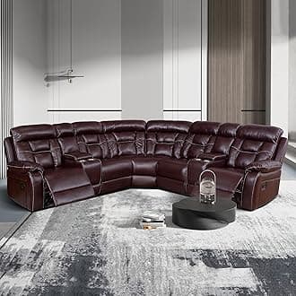 L Shaped Symmetrical Leather Sectional Sofa with Recliner for Living Room,Corner Sectional Sofa,Home Theater Seating with 2 Recliner Seats,3 Console,Cup Holder and Storage,Brown