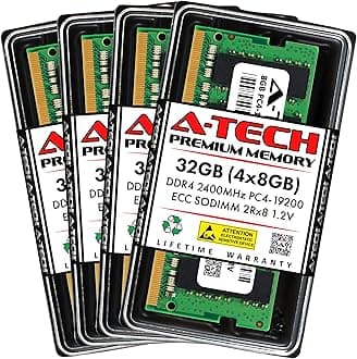 A-Tech 32GB Kit (4x8GB) DDR4 2400MHz PC4-19200 ECC SODIMM 2Rx8 Dual Rank 1.2V 260-Pin RAM Memory Upgrade Modules for Microserver, Workstation, and Networking Platforms