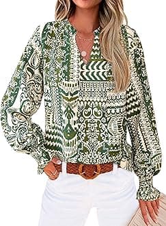 MASCOMODA Womens V Neck Floral Long Sleeve Tops 2025 Summer Casual Loose Puff Sleeve Chiffon Boho Work Blouse Dressy T Shirts