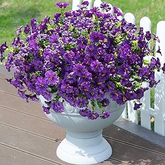 Artificial Flowers Fake Plants for Outdoors Decoration, 12 Bundles Purple Silk Morning Glory with Eucalyptus Realistic UV Resistant Faux Flowers Greenery for Outside Planter Yard Garden Home Indoor