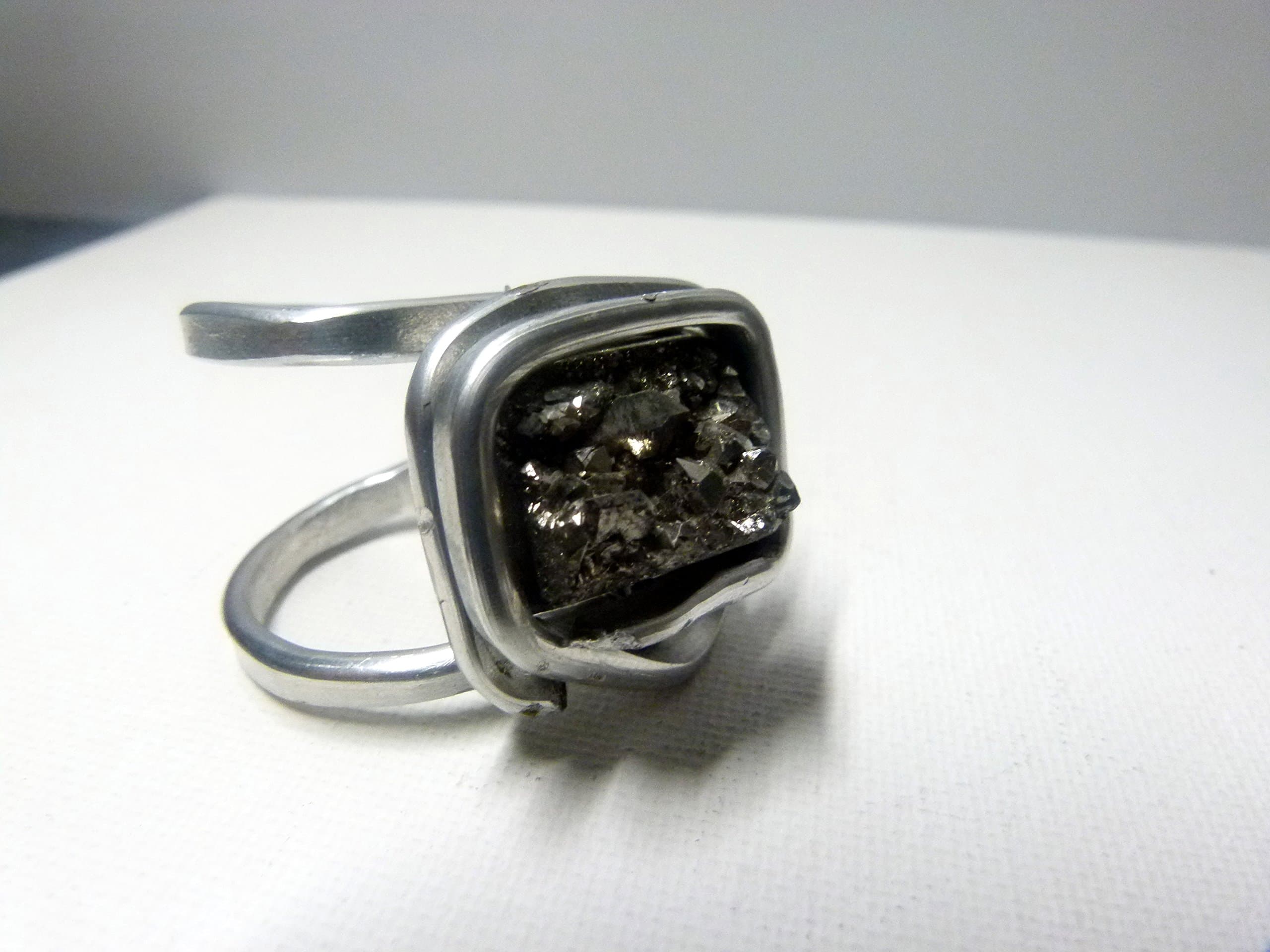 dark silver electroplated druzy ring size 9, can be adjusted, handmade ring