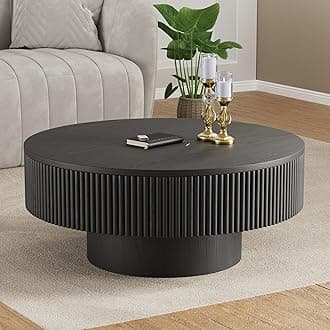 YOUDENOVA 31.5” Round Fluted Coffee Table, Modern Wood Circle Coffee Table, Veneer Handcrafted Relief Tea Table with Sturdy Pedestal for Living Room，Easy Assembly - Black