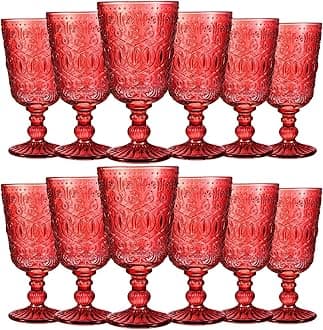 Eaasty Wine Glasses Set of 12 Vintage Goblet 9 oz Vintage Colored Glass Goblet Beverage Stemmed Glass Cups Romantic Embossed Glassware for Wedding Party Holidays Anniversary (Red)