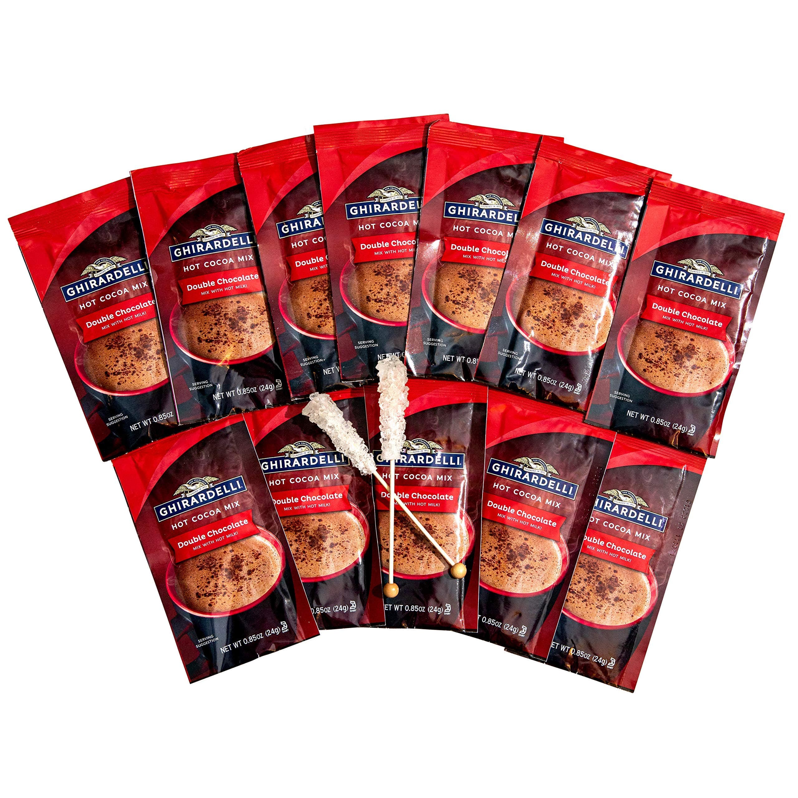 Ghirardelli Hot Cocoa Gift Set - 12 Packets - .85 oz. - Double Chocolate Flavor - Includes 2 Candy Swizzle Stirrers - Gift packed By Snackadilly