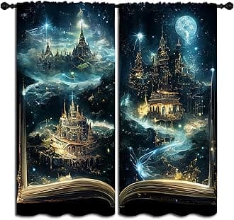 LHROOMJK Magic Book Blackout Curtains for Boys Girl Bedroom Decor,Psychedelic Castle Medieval Building Thermal Insulated Rod Pocket Drapes Darkening Window Curtain for Living Room Home 84x63 inch
