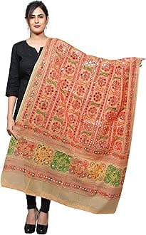 Women's Cotton Embroidered Kutchi Dupatta Bharchak (Beige)