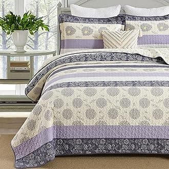 Homzard Cotton King Size Quilt Set,Purple Beige Quilted Comforter,Striped Floral Pattern Bedding Set,Lightweight Reversible 3 Piece Bedspread,3 Piece