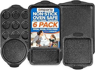 Emporio Kitchen Baking Pan Set - Nonstick Coating, Carbon Steel Bakeware Set with Red Silicone Handles, PFOA, PFOS, PTFE Free, Recipe Booklet Included, Oven Safe Tray (Up To 450° F), Set of 6 - Black