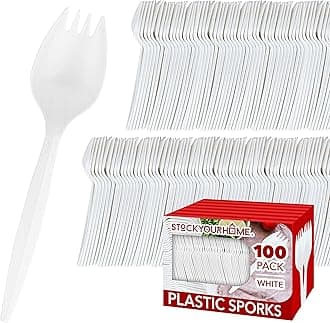 100 Disposable Sporks, White Plastic Sporks – Kid Safe 2 in 1 Utensils – Fork Spoon Perfect for School Lunch, Picnics, Catered Events, Restaurants and Kids Birthday Parties