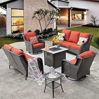 ovios 6 Pieces Patio Furniture Set with 30 inch Fire Pit Table, Outdoor Wicker Sofa Couch Loveseat, Swivel Rocking Glider Chairs, Modern Conversation Set, Brown Rattan, Orange Red