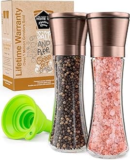 Home EC Original Copper Salt and Pepper Grinder Set of 2 - Adjustable Ceramic Grinder - Tall Glass Salt and Pepper Shakers With Funnel and Ebook - Kitchen Spice Mill - Copper Kitchen Accessories