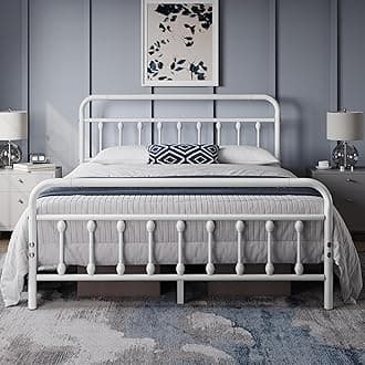 5ft King Bed Frame Vintage Iron Platform Bed with High Headboard and Footboard, Strong Metal-Framed Bed with Storage White