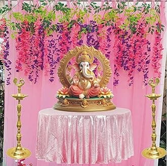 Lazybeee 19pcs Elegant Pink Sheer Backdrop with Pink & Purple Wisteria & LED Lights for a Festive Home Decor Celebration Enhance Your Home with Ganpati Pandal Decoration Kit
