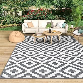 MOKANI Outdoor Rug for Patios Waterproof, Anti-slip Plastic Straw Garden Mat Carpet UV Resistant Indoor Area Rugs for Camping, Deck, Beach, Picnic, Backyard (120x180cm, Grey & White)