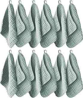 12 Pack Muslin Washcloths for Baby - 100% Cotton Baby Wash Cloths for or Baby Face Body Comfy and Soft for Newborn Infants Kids Girls and Boys - 12"x12" - Green
