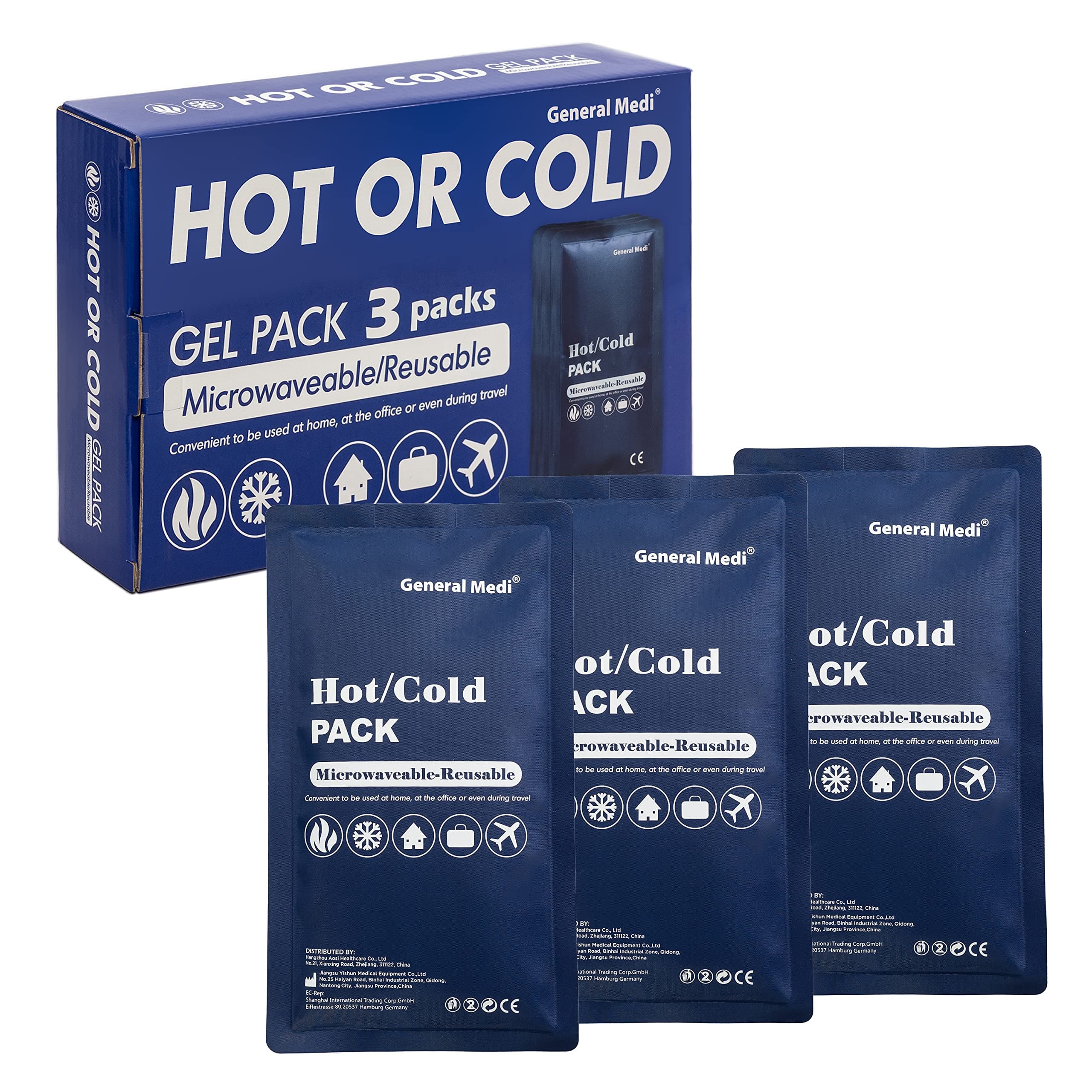 General MediHot & Cold Reusable Gel Pack Compress Wrap - Pack of 3 - Great for Migraine Relief, Sprains, Muscle Pain, Bruises, Injuries