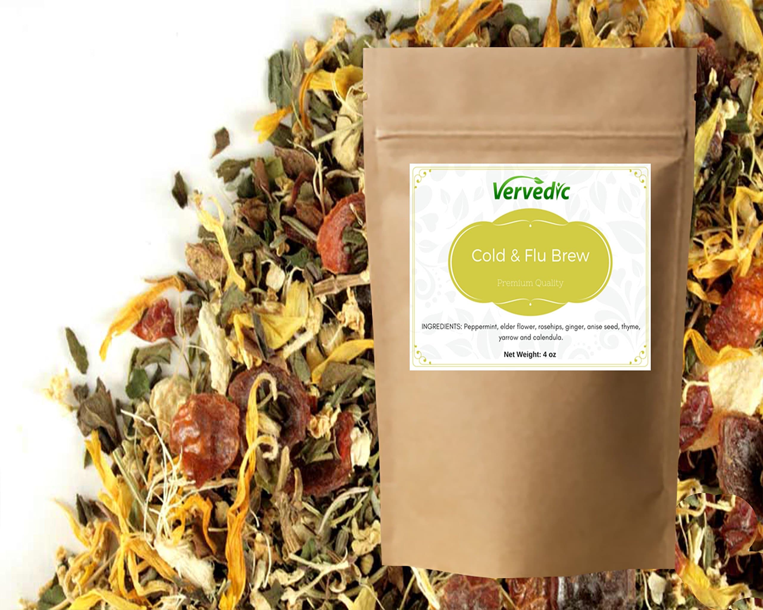 Cold & Flu Brew Tea,Peppermint, elder flower, rosehips, ginger, anise seed, thyme, yarrow, and calendula. (8 oz)