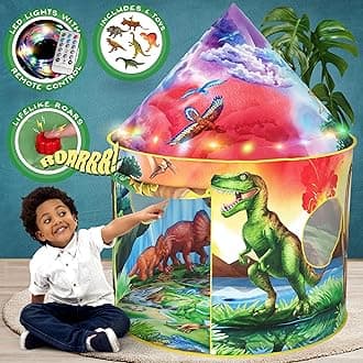 W&O Dinosaur Discovery Kids Tent with Roar Button, Dinosaur Toys and LED Lights - Epic Pop Up Tent for Boys & Girls - Perfect for Indoor & Outdoor Adventures