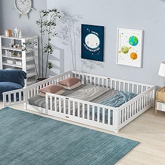 i-POOK Queen Floor Bed for Children, Sturdy Wood Montessori Bed Frame with Wood Slats, Fence & Door, Montessori Floor Bed for Girls and Boys, White