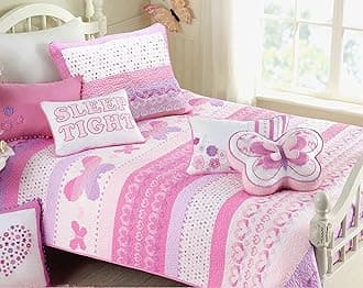 Cozy Line Home Fashions 100% Cotton Pink Heart Polka Dot Girl Reversible Bedding Quilt Set, Bedspread Coverlet for All Seasons (Butterfly Knit, Queen-3 Piece)