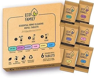 Eco Family, Essential Home Cleaning Refill Tablets 6pcs - 2x Antibac, Bathroom, Glass, Kitchen Degreaser, Floor, Eco Friendly Plastic Free Non-Toxic Cruelty-Free, Just Add Water