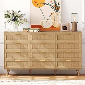 Rovaurx 12 Drawer Double Dresser for Bedroom, Rattan Chest of Dressers, Modern Wooden Dresser Chest with Golden Handles, Beside Table for Closet, Living Room and Entryway, Natural