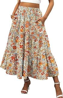 ANRABESS Women’s Summer Boho Flowy Swing Tiered A-Line Maxi Skirt 2026 Fashion Trendy Elastic Waist Pleated Long Beach Dress