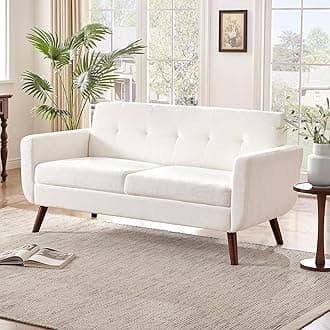 Tbfit 65" W Loveseat Sofa, Mid Century Modern Couches Love Seats for Living Room, Button Tufted Upholstered Small Couch for Bedroom, Solid and Easy to Install Love Seats Furniture, White
