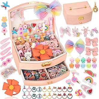 Hair Accessories Set for Girls: Jewelry Box, Hair Clips, Barrettes, Ties, Bows - Teen Girl Gift for Ages 4-12 (Pink)