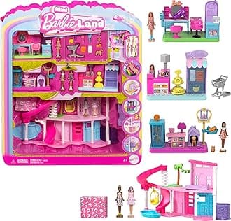 Mini Land DreamHouse & 3 Playsets with 4 1.5-Inch Dolls, Doll House Furniture & Accessories, Includes Pet Boutique, Hair Salon, & Supermarket