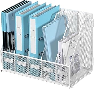 SUPEASY Desk Organizers Metal Desk Magazine File Holder with 5 Vertical Compartments Rack File Organizer for Office Desktop, Home Workspace, White Plus