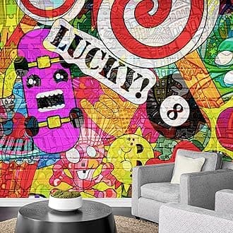 wall26 Removable Wall Sticker/Wall Mural Vibrant Spray Paint Cartoon Brick Wall Graffiti & Street Art Cityscape Digital Art Realism Urban Edgy for Living Room, Bedroom, Office - 66x96 inches