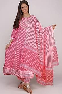 MEERA FAB Women's Cotton Printed Anarkali Kurta With Palazzo & Dupatta Set With Handwork