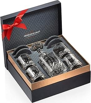 Mixology & Craft Luxury Whiskey Decanter Gift Set - 25oz Crystal Decanter, 4 Old-Fashioned Glasses, 4 Slate Coasters with Diamond Pattern Premium Black Gift Box