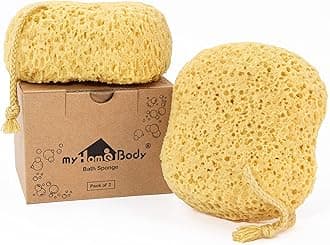 myHomeBody Bathroom Body Sponge, Sea Sponge, Shower Body Sponge, Body Sponge, Foam Sponge, Large Size, with Drawstring, 2 Pack - Curved