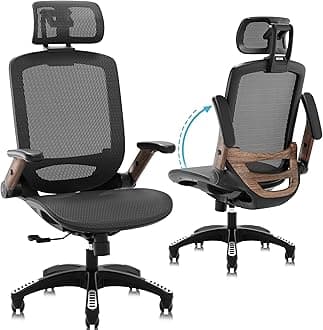 GABRYLLY Ergonomic Office Chair, High Back Home Desk Chair with Headrest, Flip-Up Arms, 90-120° Tilt Lock and Wide Cushion, Big and Tall Mesh Chairs for Man Woman, Black Task Chair(Dark Woodgrain)