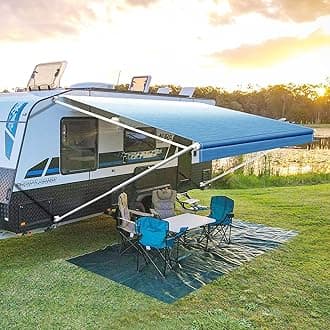 YESCAMP Manual RV Awning Complete Kit Retractable Camper Awning for RV or Trailers RV Roll Out Awning for Camper or 5th Wheel,Travel Trailers,Toy Haulers,Motohome(19Ft,White Frame,Blue Fade)