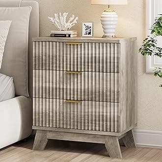 Fluted Nightstand, 24" Wide Side Table with 3 Large Storage Drawers, Mid Century Modern Wood Night Stand with Metal Handle, Wooden Bedside End Table for Bedroom, Living Room, Closet, Grey