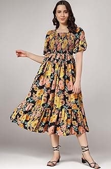 KZULLY | Floral Print Midi Dress | Beautiful Floral Design | Ideal for Casual, Work Fit & Comfortable Elastic & Fabric | Suitable for Women's