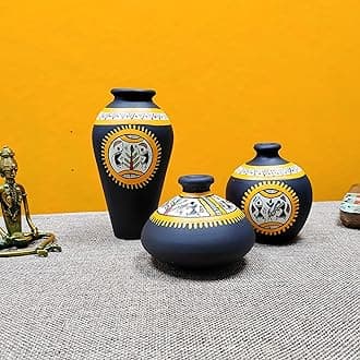 ARTYSTA BEAUTIFYING LIVES Earthenware 'Tribal Fiesta' Black Handpainted Terracotta Oblong Flower Vase, Terracotta Decorative For Home Decor Earthen Flower Vases Pots For Home & Office (Set Of 3)