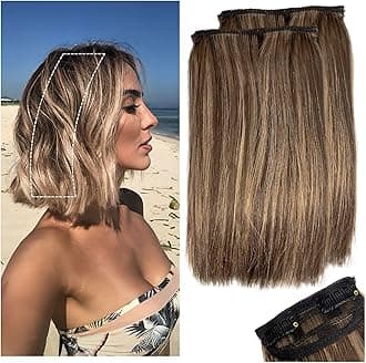 2 Pcs Short Hair Extensions, Clip in Extensions Human Hair for Women Adding Volume 8 Inch Medium Brown and Honey Blonde