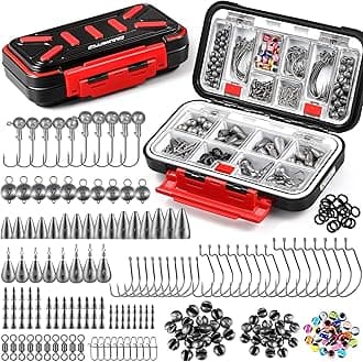 PLUSINNO 264pcs Fishing Accessories Kit, Organized Tackle Box with Tackle Included, Fishing Weights Sinkers, Jig Hooks, Swivels, Beads Combined into 10 Rigs, Fishing Gear Set for Bass Trout