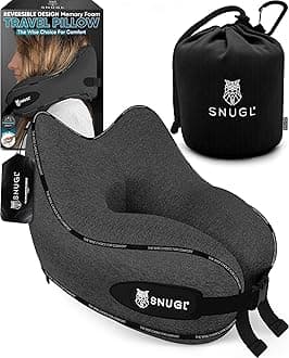 SNUGL Travel Pillow – Memory Foam Neck Pillow for Travel – Support Cushion for Airplane with Carry Bag & Clip - Holiday Essentials (Dark Grey - Adult Regular)