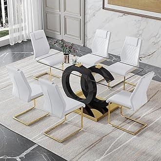 7 Piece Dining Table Set,Glass Dining Table Set for 6，Modern Dining Table and Faux Leather Padded Seats for Kitchens, Living Rooms, Bedrooms (Black＆Gold Table-White Chair-6)